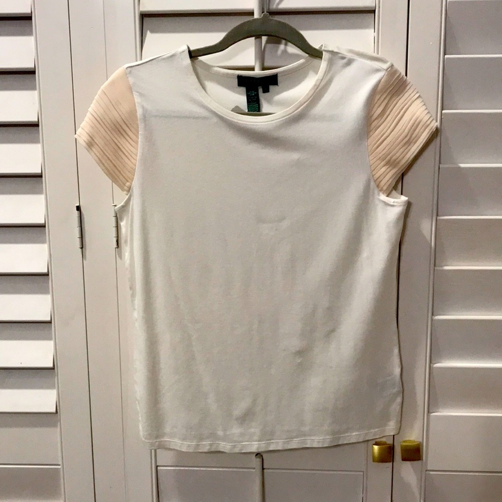 Lauren Ralph Lauren classic white top with pink pleated sleeves